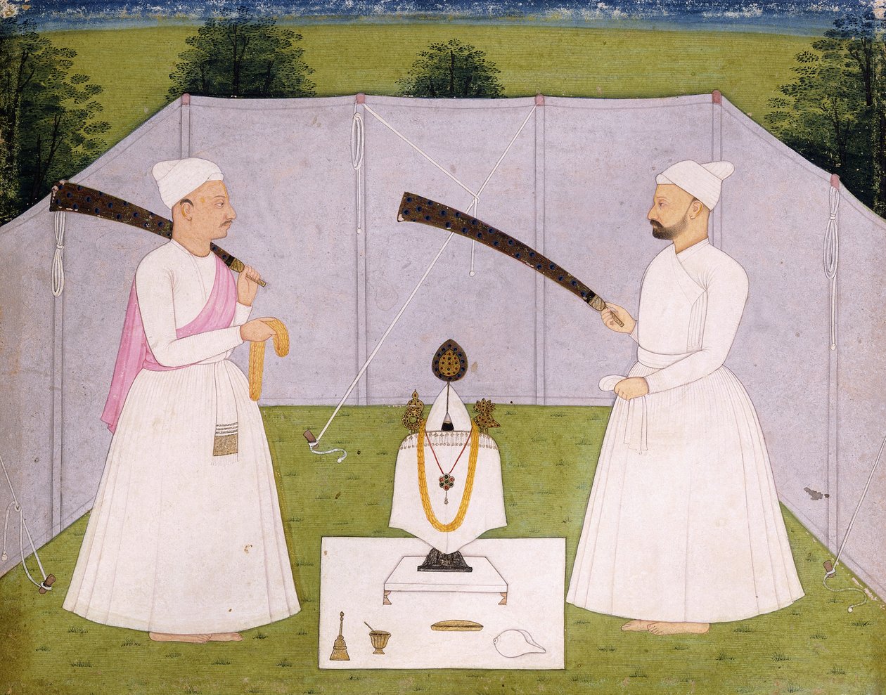 Pandits bij het persoonlijke heiligdom van Balwant Singh, c. 1750 door Indian School