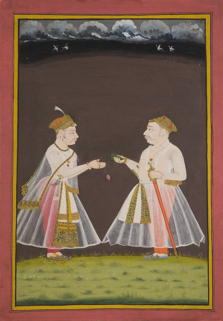 Waarschijnlijk een portret van Rana Raj Singh van Udaipur (1661-81) die pan aanbiedt aan een edelman door Indian School