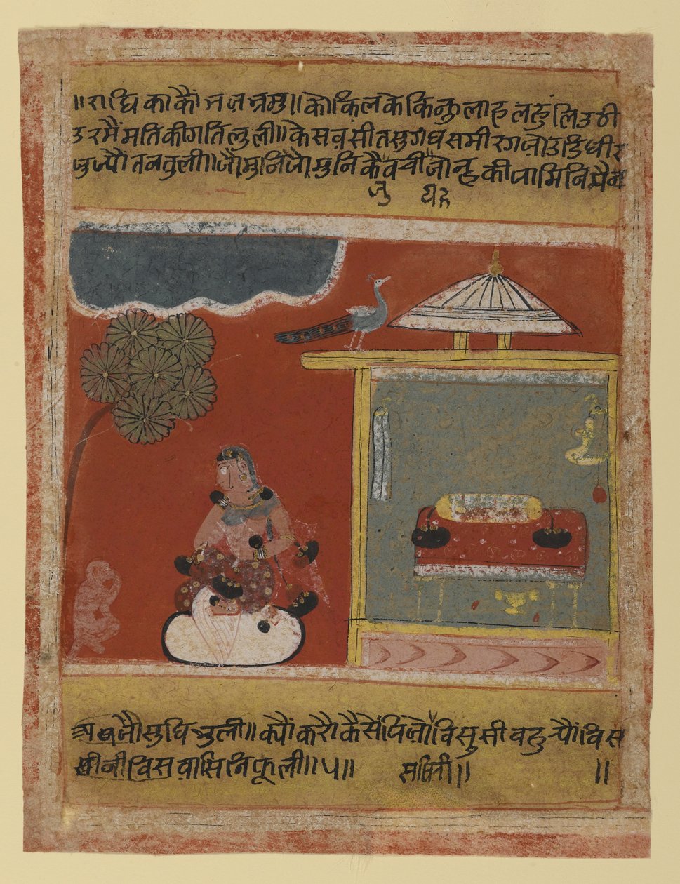 Radha smachtend naar haar geliefde, pagina uit een gedateerde Rasikapriya-serie, 1634 door Indian School