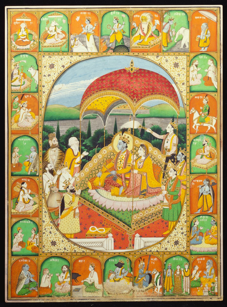 Rama en Sita op de troon, aanbeden door Shiva, Hanuman en anderen, 1800-20 door Indian School