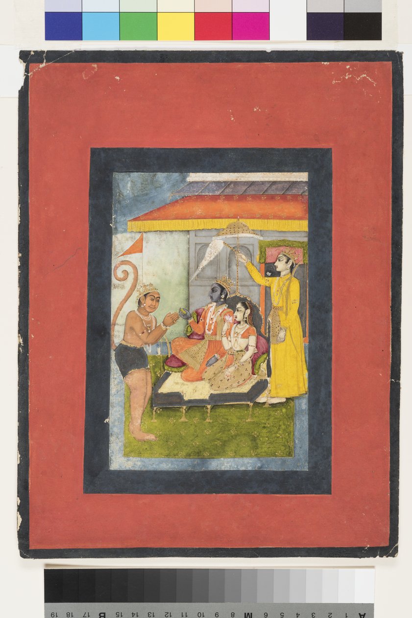 Rama en Sita op de troon, aanbeden door Hanuman; Lakshmana houdt een morchal, c.1780 door Indian School