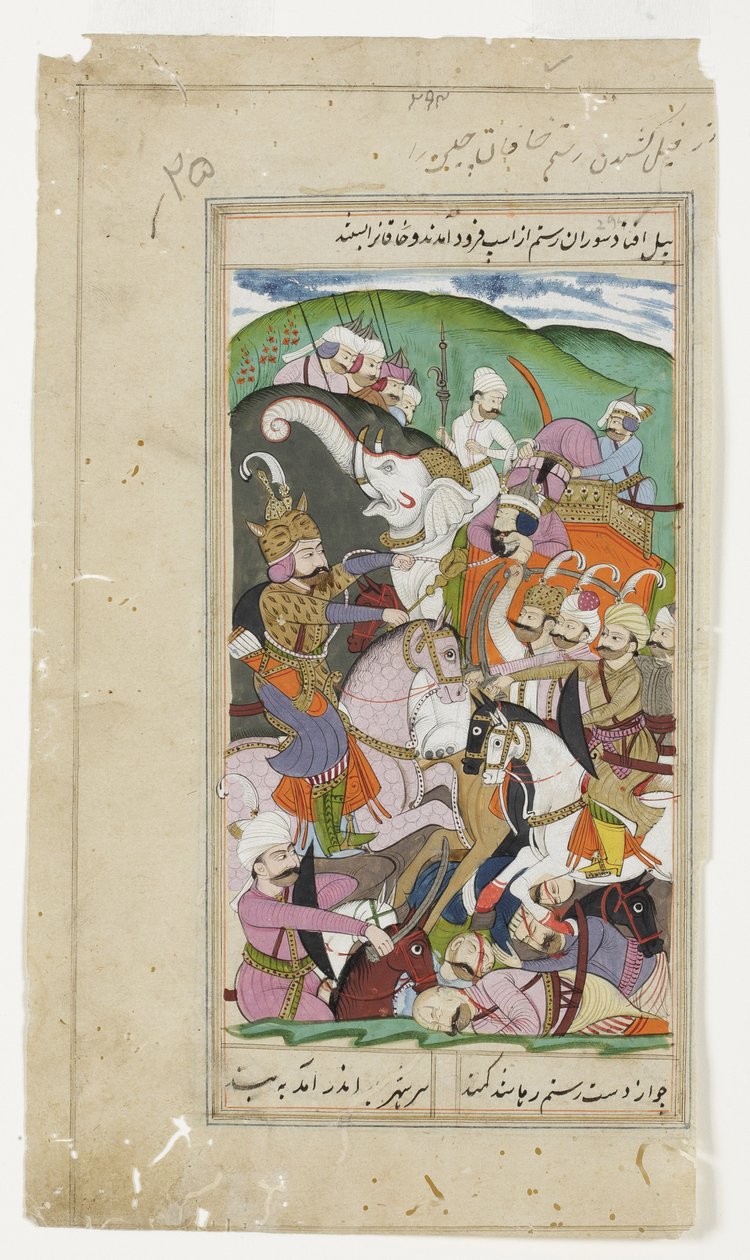 Rustam vangt de Khaqan van China en sleept hem van zijn witte olifant, c.1790 door Indian School