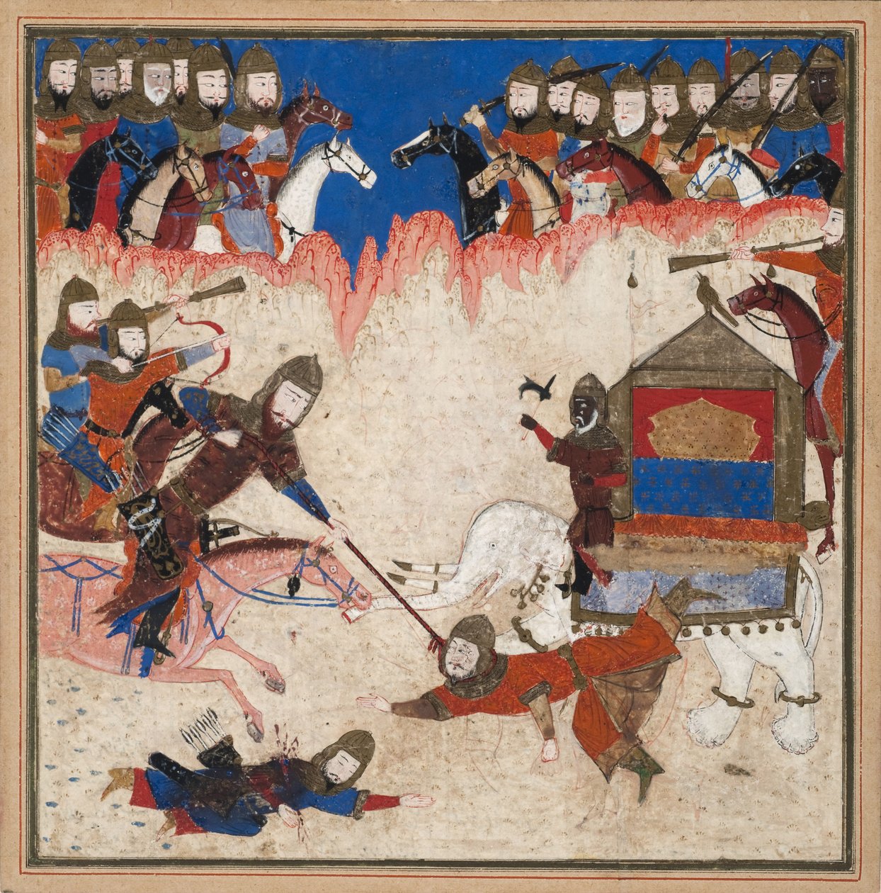 Rustam werpt de Khaqan van China en trekt hem van zijn olifant, ca. 1450 door Indian School