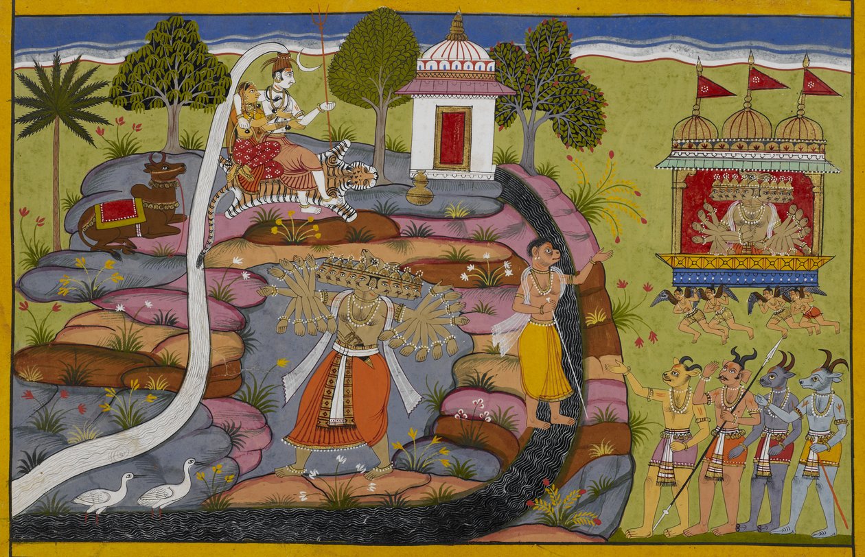 Rāvaṇa rijdt op de Puṣpaka wagen, tilt dan de berg Kailāsa op en schudt hem heen en weer om Śiva uit te dagen. door Indian School