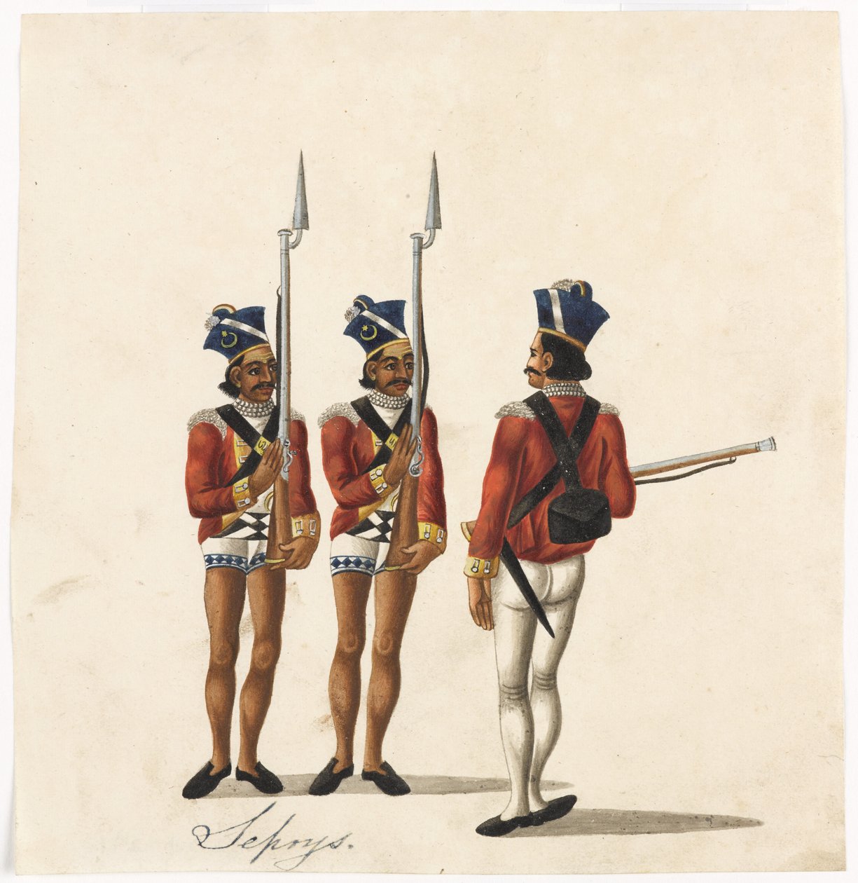Sepoys en een Indiase officier, Bengaals leger, ca. 1815 door Indian School