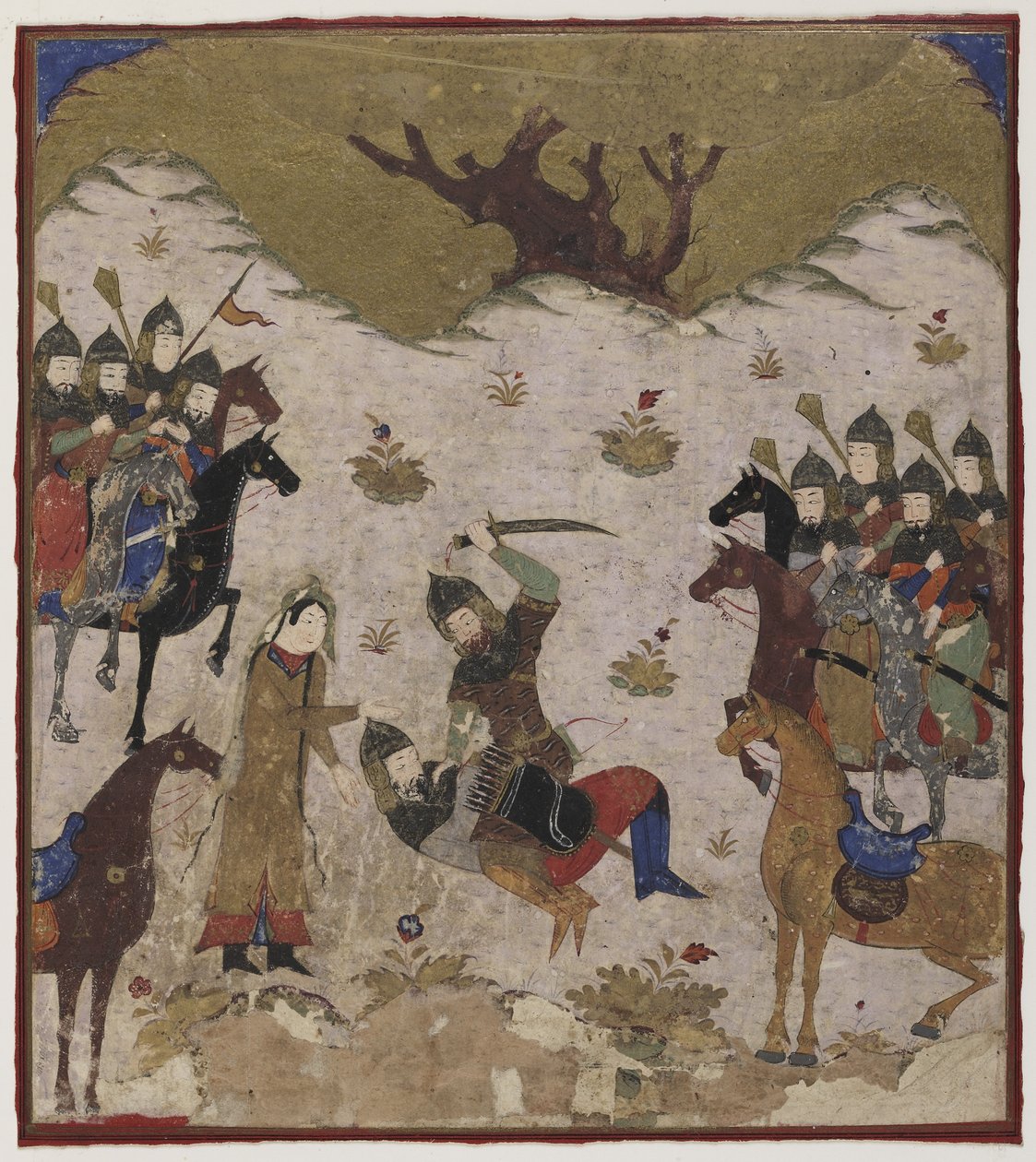Shahru identificeert Burzu als de kleinzoon van Rustam tijdens het laatste gevecht tussen Rustam en Burzu, c.1425-50 door Indian School