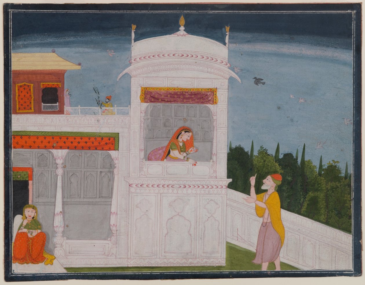 De Brahmaan Sudama en Rukmini in een paleis, pagina uit de Sudama episode van de Bhagavata Purana serie, c.1800 of later door Indian School