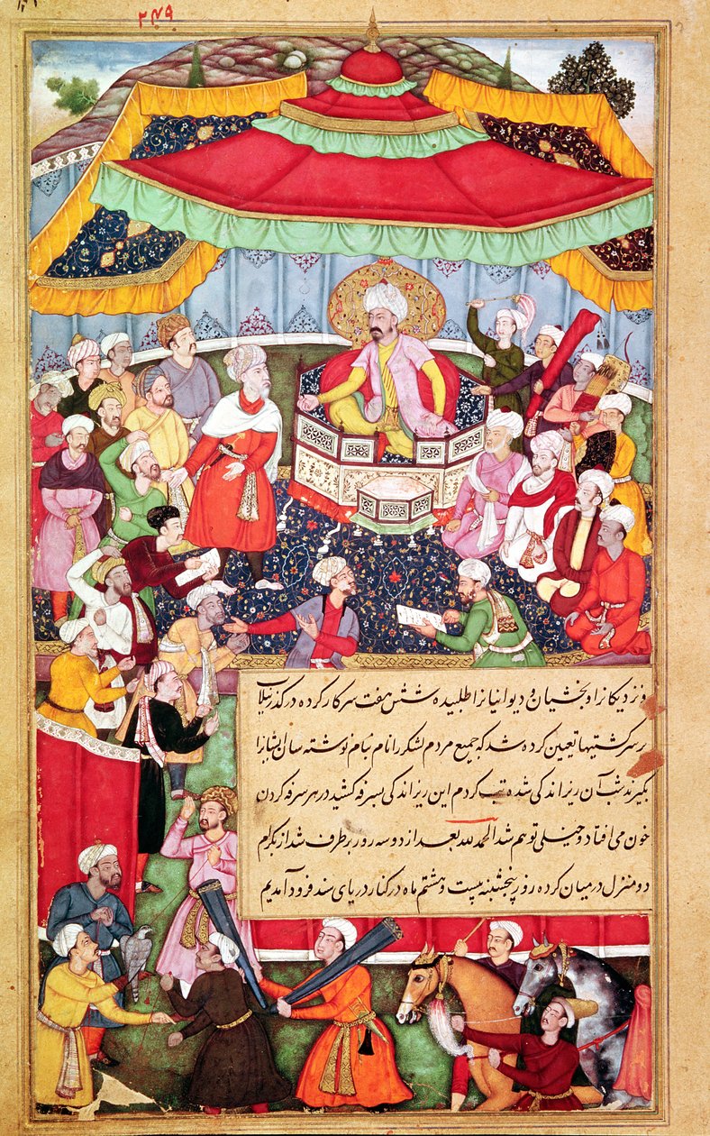 De koning op zijn troon omringd door zijn hovelingen, uit de Baburnama (Herinneringen van Babur) 1530 door Indian School