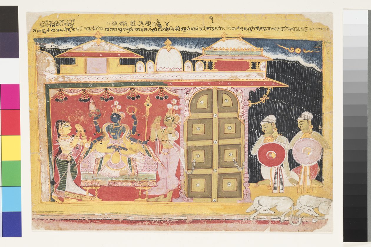 De aanbidding van Vishnu bij de geboorte van Krishna, voor 1560 door Indian School