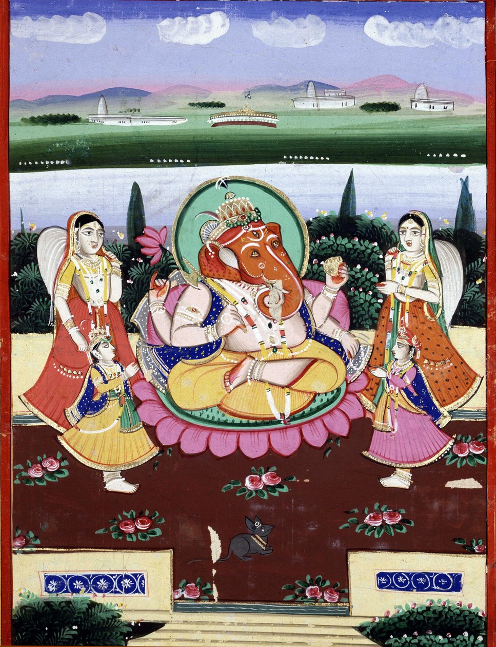 De godheid Ganesha, dochter van Shiva en Parvati. Indiase populaire prent uit de 19e eeuw door Indian School
