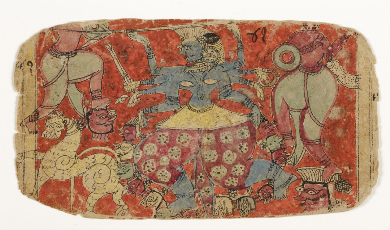 De godin Kali vecht tegen demonen, uit Durga die de demonen Shambha en Nishumbha aanvalt door Indian School