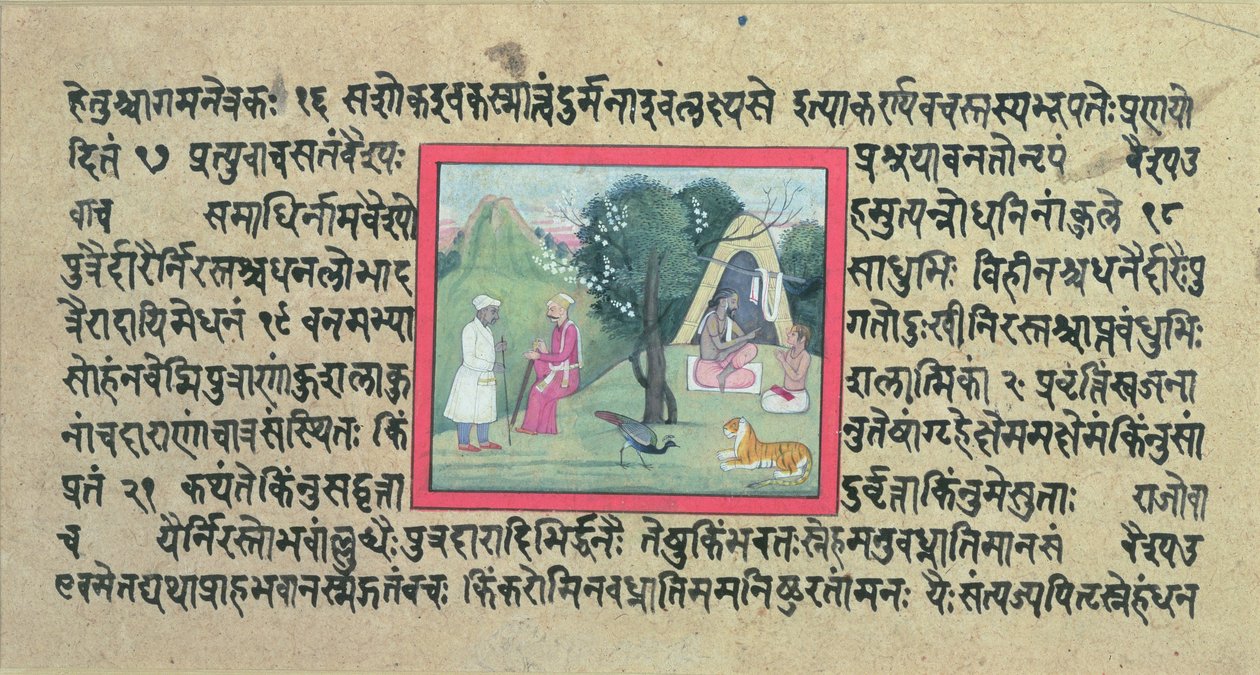 Het bezoek van een Rajput hoofdman aan een kluizenaar uit een pagina van de Madhandeya Purana, geschreven in Sanskriet, Guler, Pahari School, c.1756 door Indian School