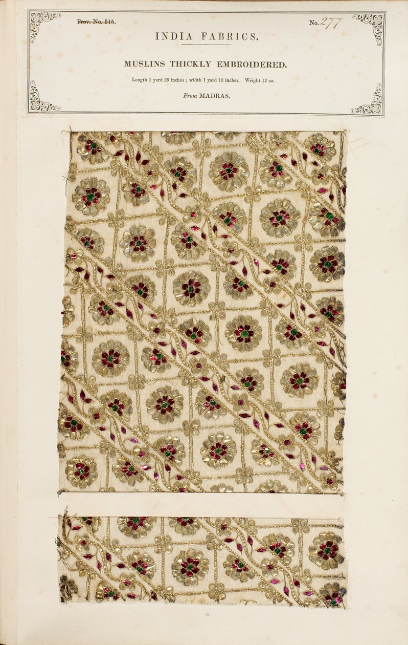 Dik geborduurd mousselinemonster uit Madras, uit De Collectie van de Textielfabrikanten van India, door John Forbes Watson, gepubliceerd in 1866 door Indian School