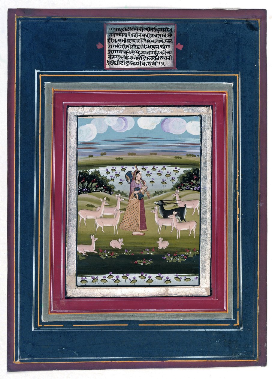 Todi ragini - Een dame speelt een vina in een landschap met dieren door Indian School
