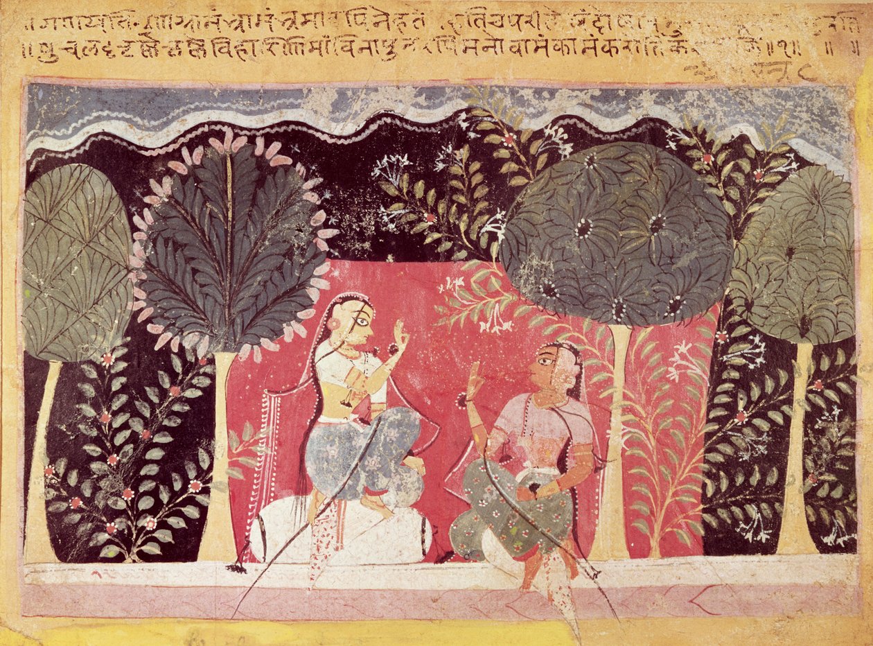 Twee Prinsen in een Tuin, uit de Gita Govinda door Indian School