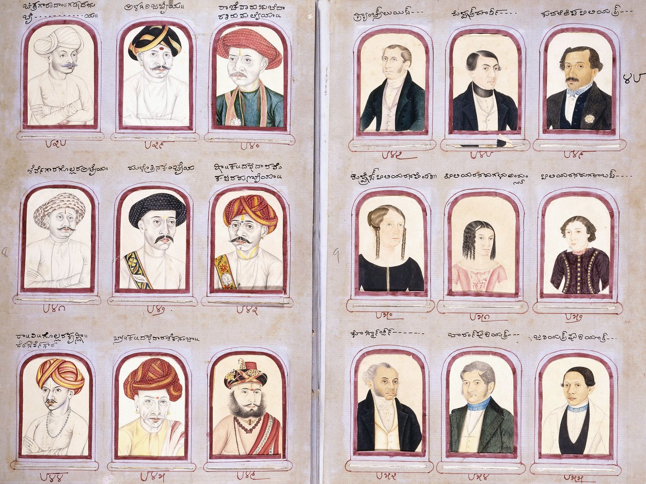 Twee bladen uit een album met inheemse en Europese portretten, c.1830-1850 door Indian School