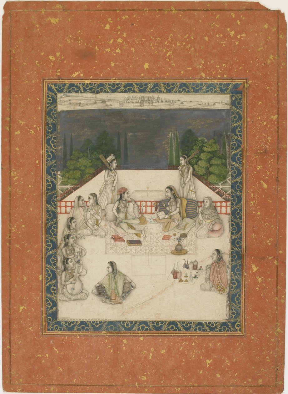 Twee vrouwen zittend op een terras, omringd door bedienden en muzikanten, ca. 1650 door Indian School