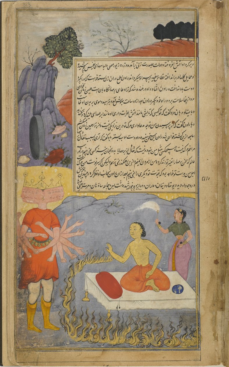 Ravana spreekt met Mahajambunada, die omringd is door een ring van vuur en wordt bijgestaan door Lakshmi door Indian School