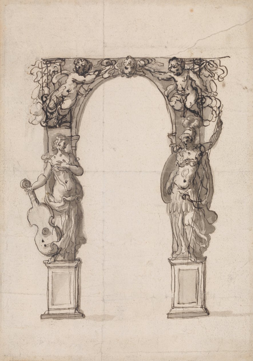 Ontwerp voor een tijdelijke boog versierd met putti en allegorische figuren van muziek en oorlog door Inigo Jones