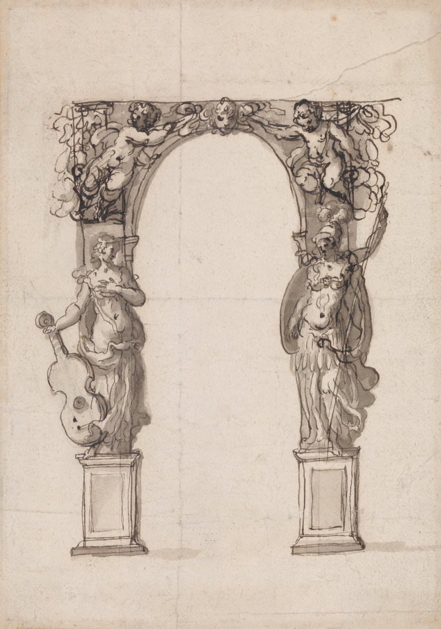 Ontwerp voor een tijdelijke boog versierd met putti en allegorische figuren van muziek en oorlog door Inigo Jones