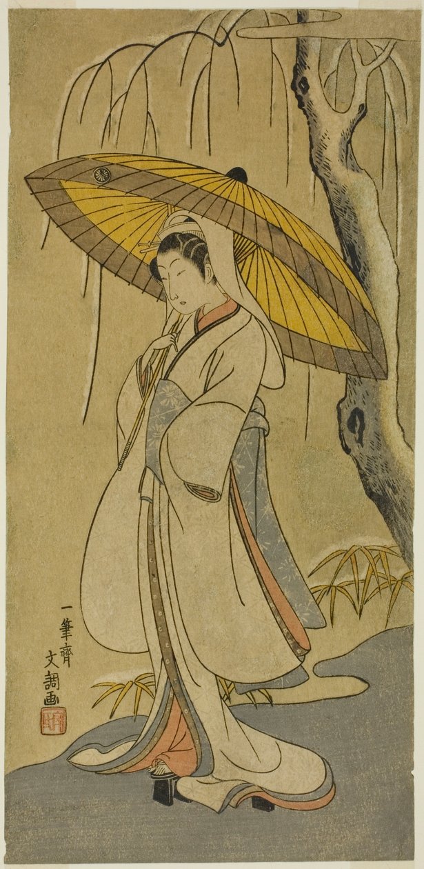 De acteur Segawa Kikunojo II als de Reigermaagd in het stuk "Katoenwatten van Izu die de huwelijkschrysanten beschermen (Myoto-giku Izu no Kisewata)," uitgevoerd in het Ichimura Theater vanaf de eerste dag van de elfde maand, 1770 door Ippitsusai Bunchō