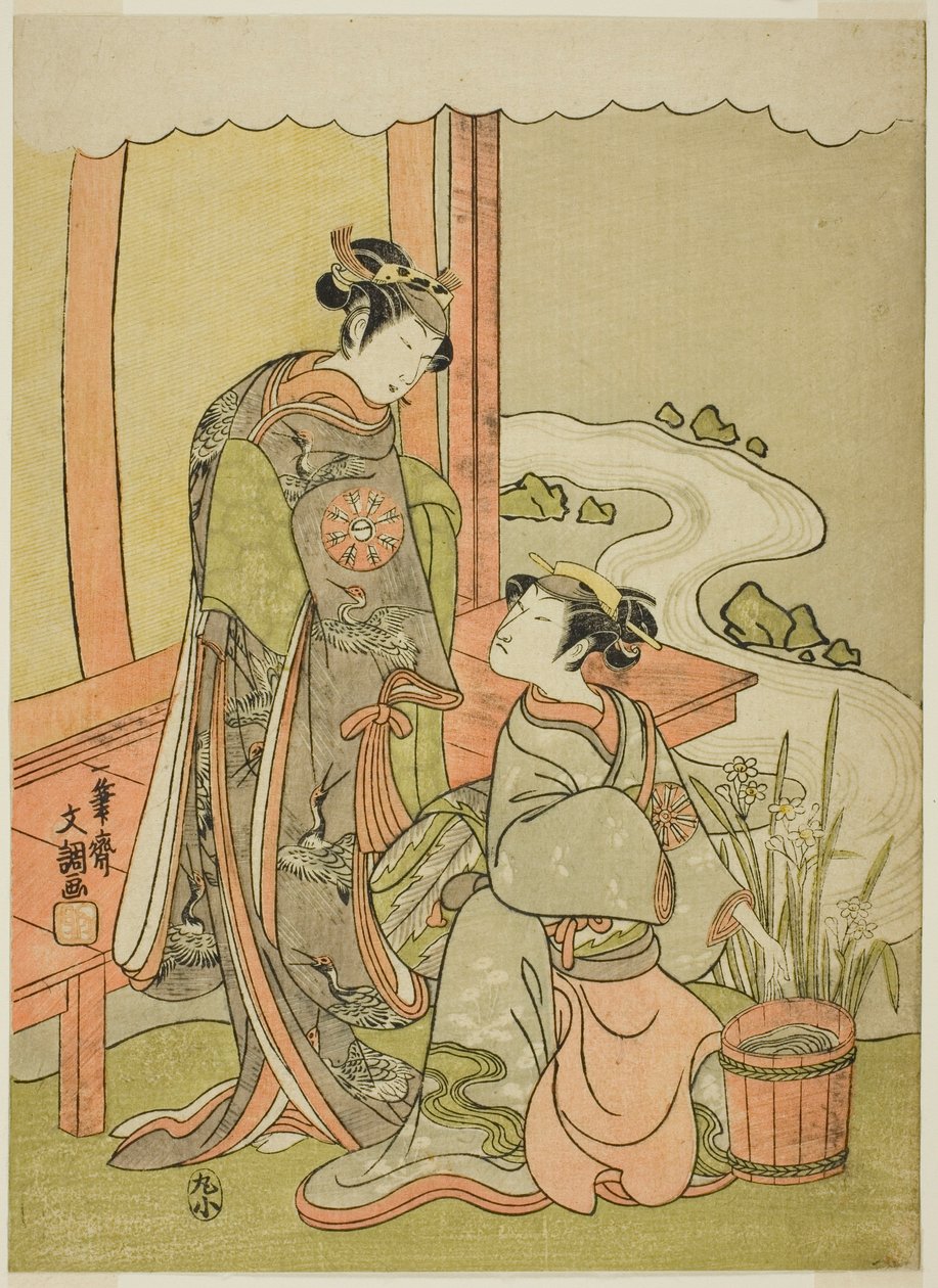 De acteurs Nakamura Tomijuro I als Enju vermomd als de Shirbyoshi Gio (rechts), en Nakamura Noshio I als Goo vermomd als Hotoke Gozen (links), in het stuk Miyako-zome Gio Katsugi, uitgevoerd in het Morita Theater in de elfde maand, 1770 door Ippitsusai Bunchō
