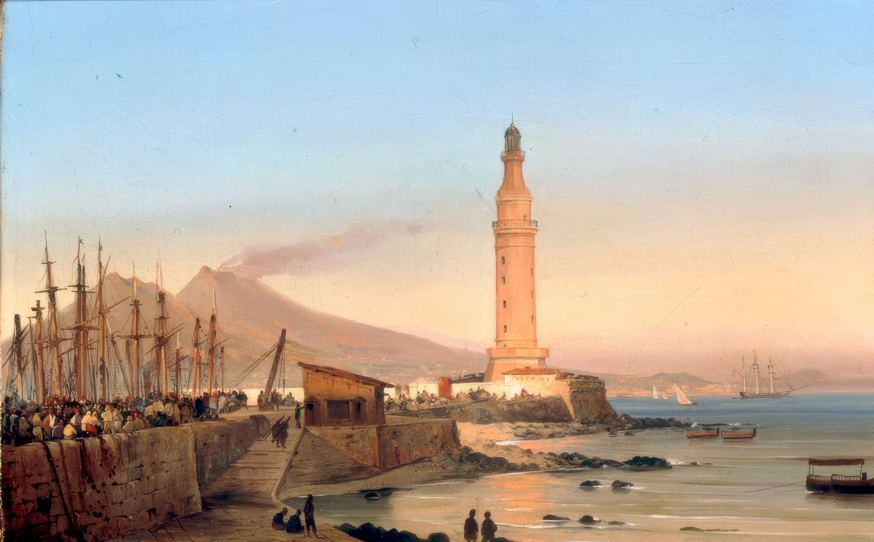 Uitzicht op de vuurtoren van Santa Lucia in Napels door Ippolito Caffi