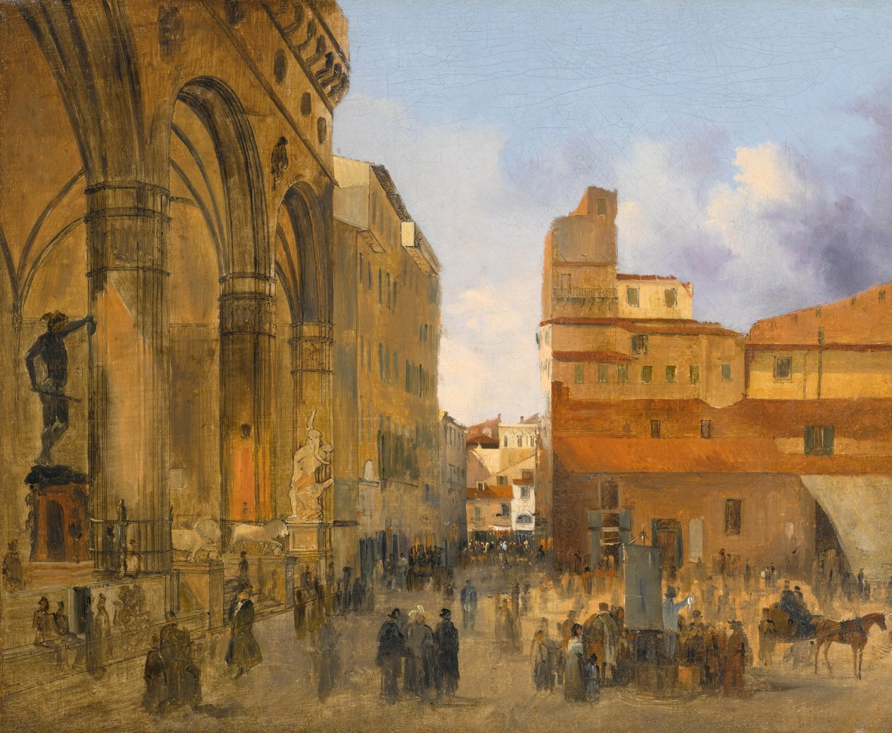 Florence, Gezicht op het Piazza della Signoria met links de Loggia dei Lanzi door Ippolito Caffi