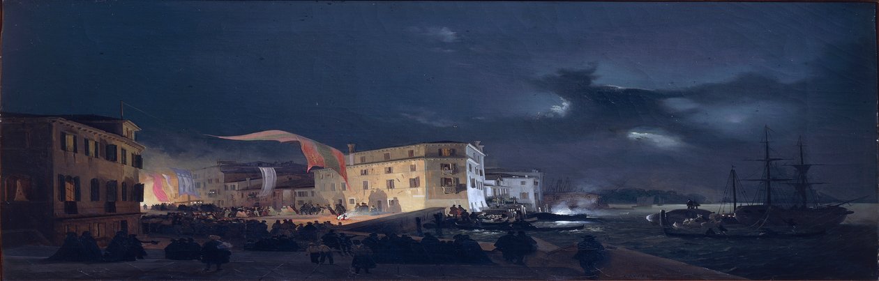 Italië, Nachtfestival in San Pietro di Castello, een eiland in de Venetiaanse lagune door Ippolito Caffi