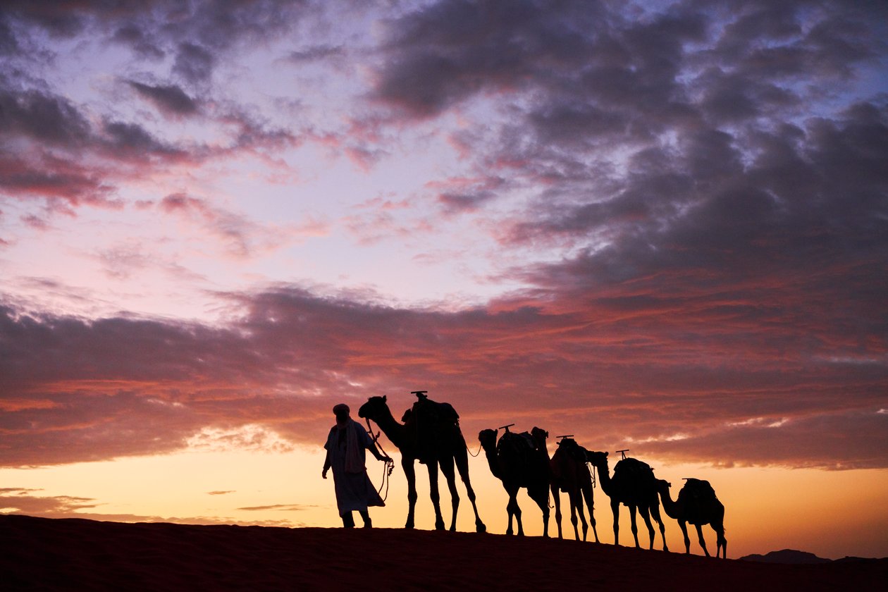Een kameeldrijver leidt zijn kamelen in Erg Chebbi in de woestijn in Merzouga, Marokko, 2019 door Ira Block