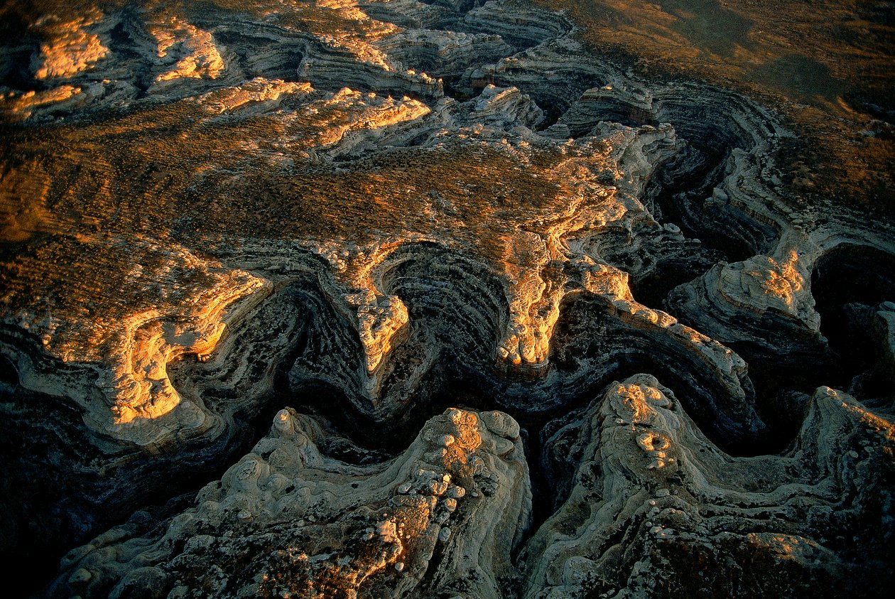 Luchtfoto van een uitgedroogde Utah mesa - Grand Gulch leverde water aan vele kleine... door Ira Block
