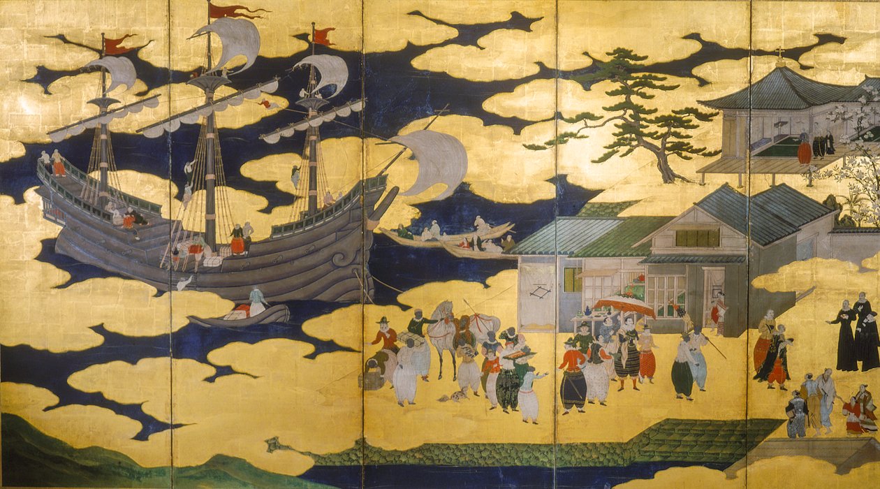 Samurai - Vouwscherm van Namban Byobus - Zuidelijke Barbaren - Een Portugees schip komt een Japanse haven binnen, 2005 door Ira Block