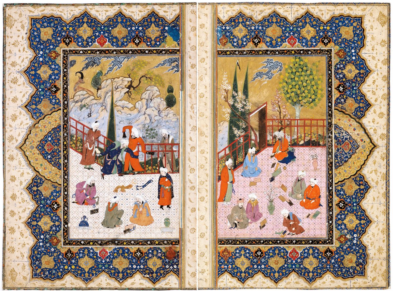 Een bijeenkomst van geleerde mannen op een terras door Iranian Master