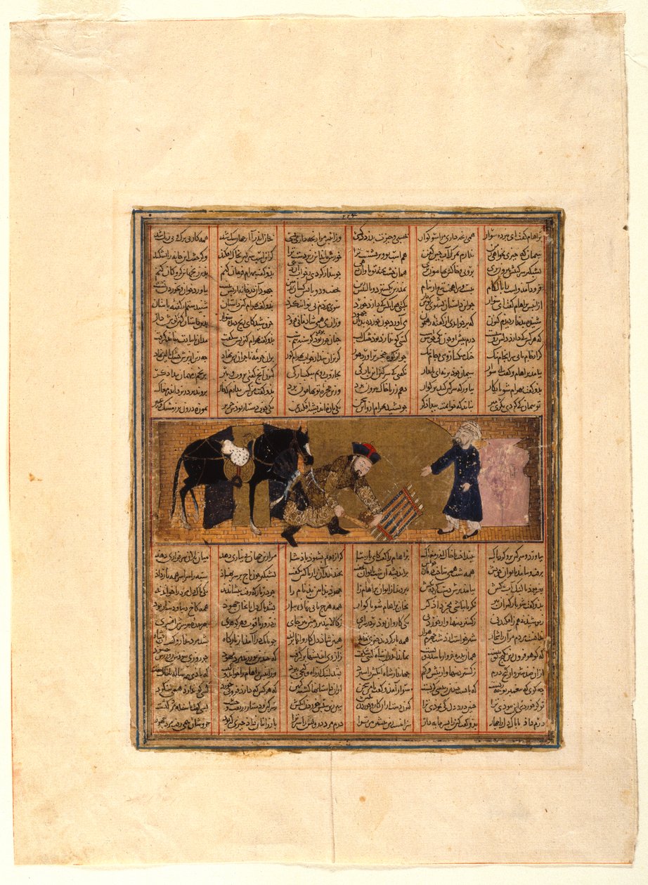 Bahram Gur bij het huis van Baraham de Jood, pagina uit een geïllustreerd manuscript van de Tweede Kleine Shahnama van Firdawsi (d.1020), c.1300 door Iraqi School