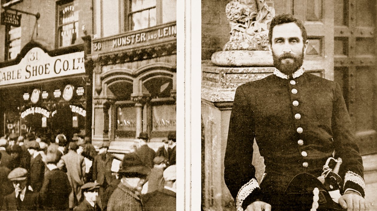 Geplunderd door een Dublinse menigte: Een schoenenwinkel in Sackville Street, en aanstichter van de Ierse opstand met Duitse hulp: Sir Roger Casement, uit The Illustrated War News, 1916 door Irish Photographer