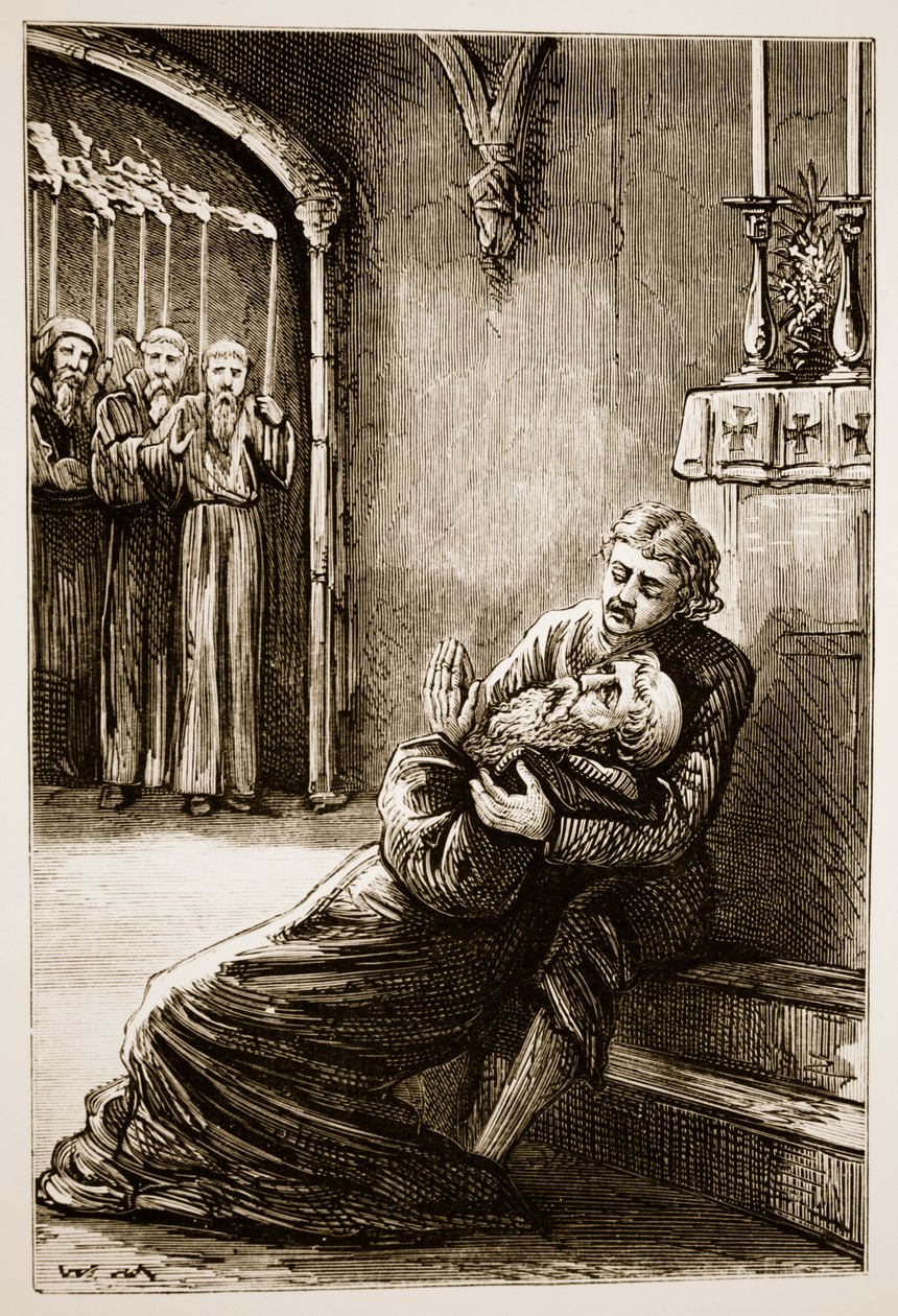 Dood van St. Columba, uit The Trias Thaumaturga, of Three Wonder-Working Saints of Ireland, door Mary Cusack, gepubliceerd ca. 1890s door Irish School
