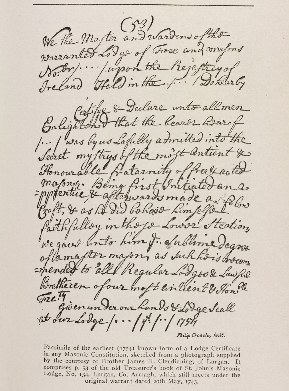 Oudste bekende certificaat (Iers) met een zegel van de Grand Lodge, 1762 door Irish School