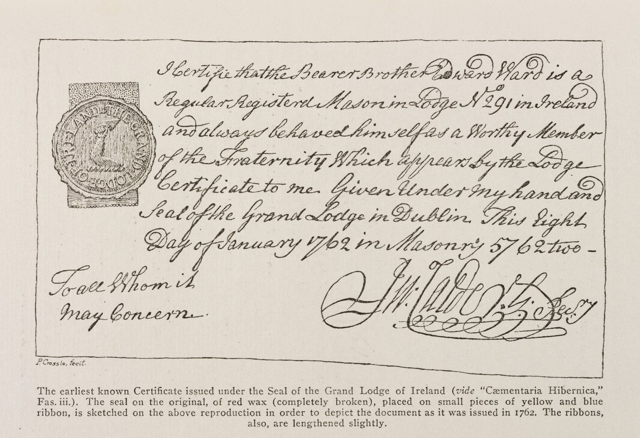Facsimile van het oudste bekende certificaat uitgegeven onder het zegel van de Grand Lodge van Ierland, gedateerd 1762 door Irish School