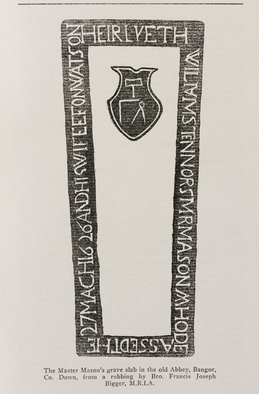 Afdruk van een grafsteen van een meester-metselaar in de oude abdij, Bangor, Co. Down, gedateerd 1626 door Irish School