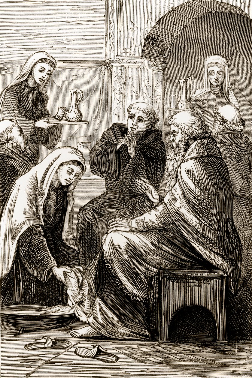 St. Brigit ontvangt een bisschop, uit The Trias Thaumaturga, of Three Wonder-Working Saints of Ireland, door Mary Cusack, gepubliceerd ca. 1890s door Irish School