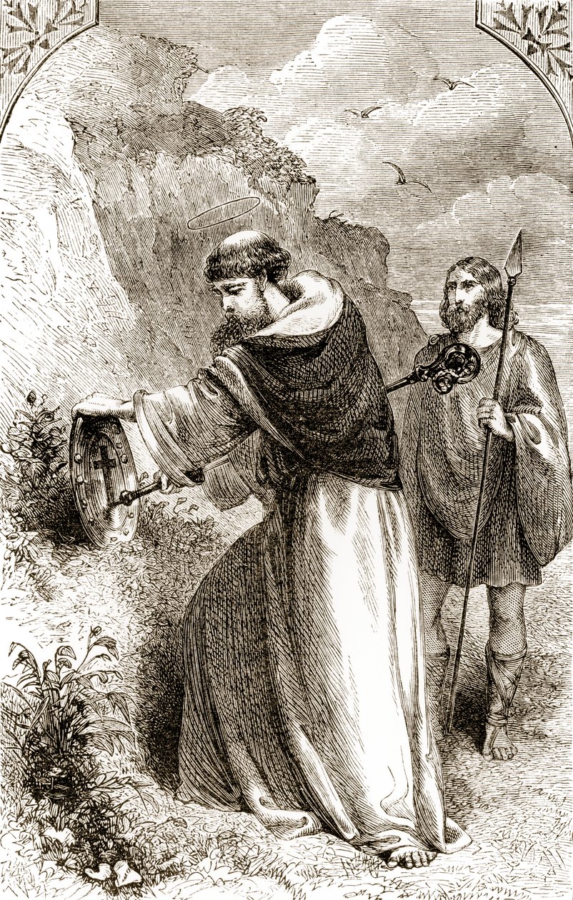 St. Patrick markeert Connals schild met het kruis, uit The Trias Thaumaturga, of Three Wonder-Working Saints of Ireland, door Mary Cusack, gepubliceerd ca. 1890s door Irish School