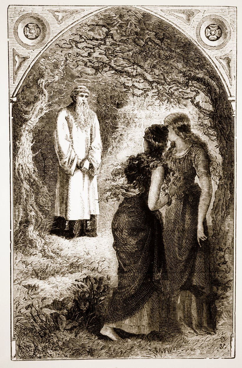 St. Patrick ontmoet maagden in het bos van Fochlut, uit The Trias Thaumaturga, of Three Wonder-Working Saints of Ireland, door Mary Cusack, gepubliceerd ca. 1890s door Irish School