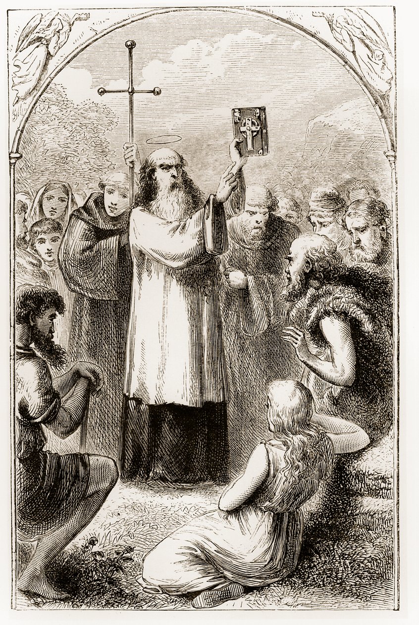 St. Patrick toont de mensen van Ierland de vier evangeliën, uit The Trias Thaumaturga, of Three Wonder-Working Saints of Ireland, door Mary Cusack, gepubliceerd ca. 1890s door Irish School