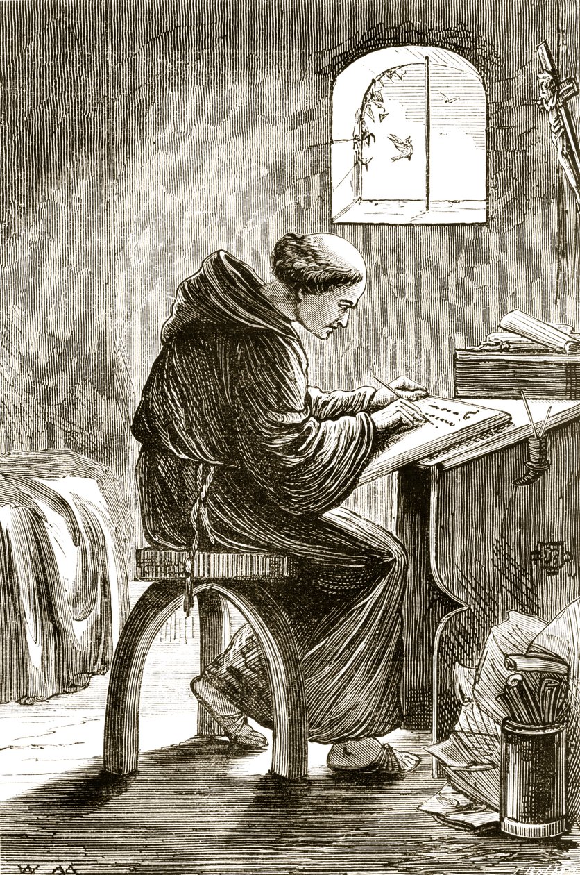 St. Vincent schrijft in zijn cel in Ferins, uit The Trias Thaumaturga, of Three Wonder-Working Saints of Ireland, door Mary Cusack, gepubliceerd ca. 1890s door Irish School