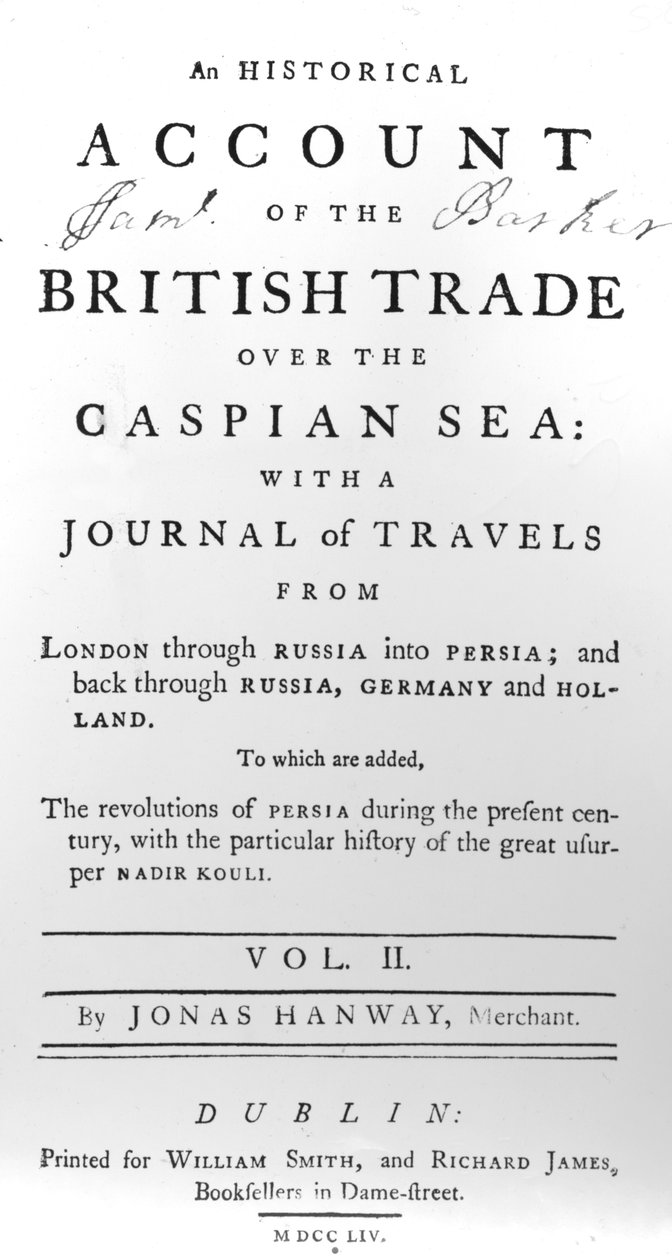 Titelpagina van An Historical Account of British Trade over the Caspian Sea, met een reisverslag door Jonas Hanway, 1754 door Irish School