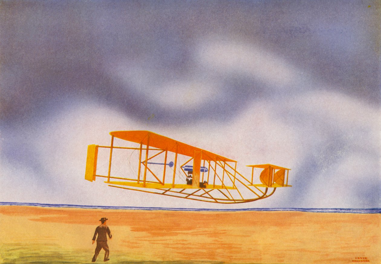 Het vliegtuig van de gebroeders Wright (kleurenlitho) door Irvin L. Holcombe