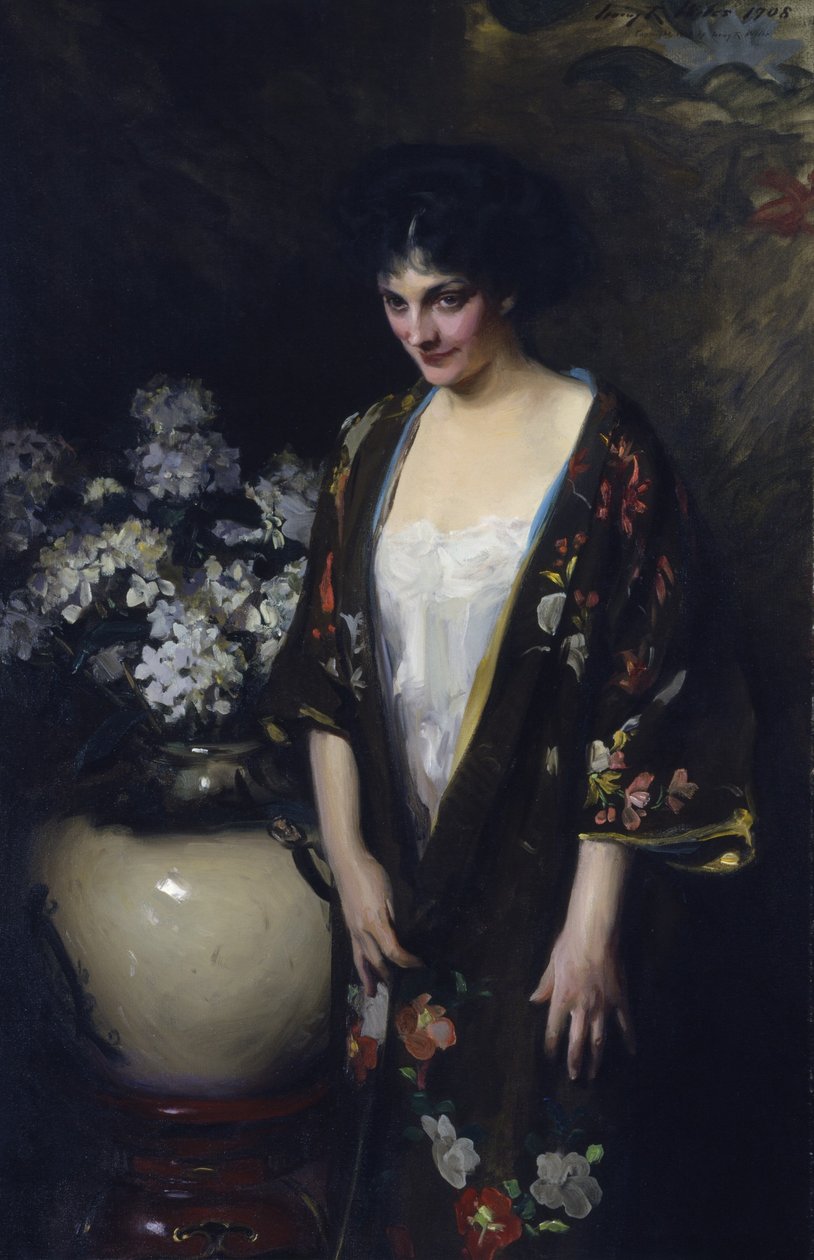 Bruine kimono (Portret van Kathryn Beta la Forque) door Irving R. Wiles