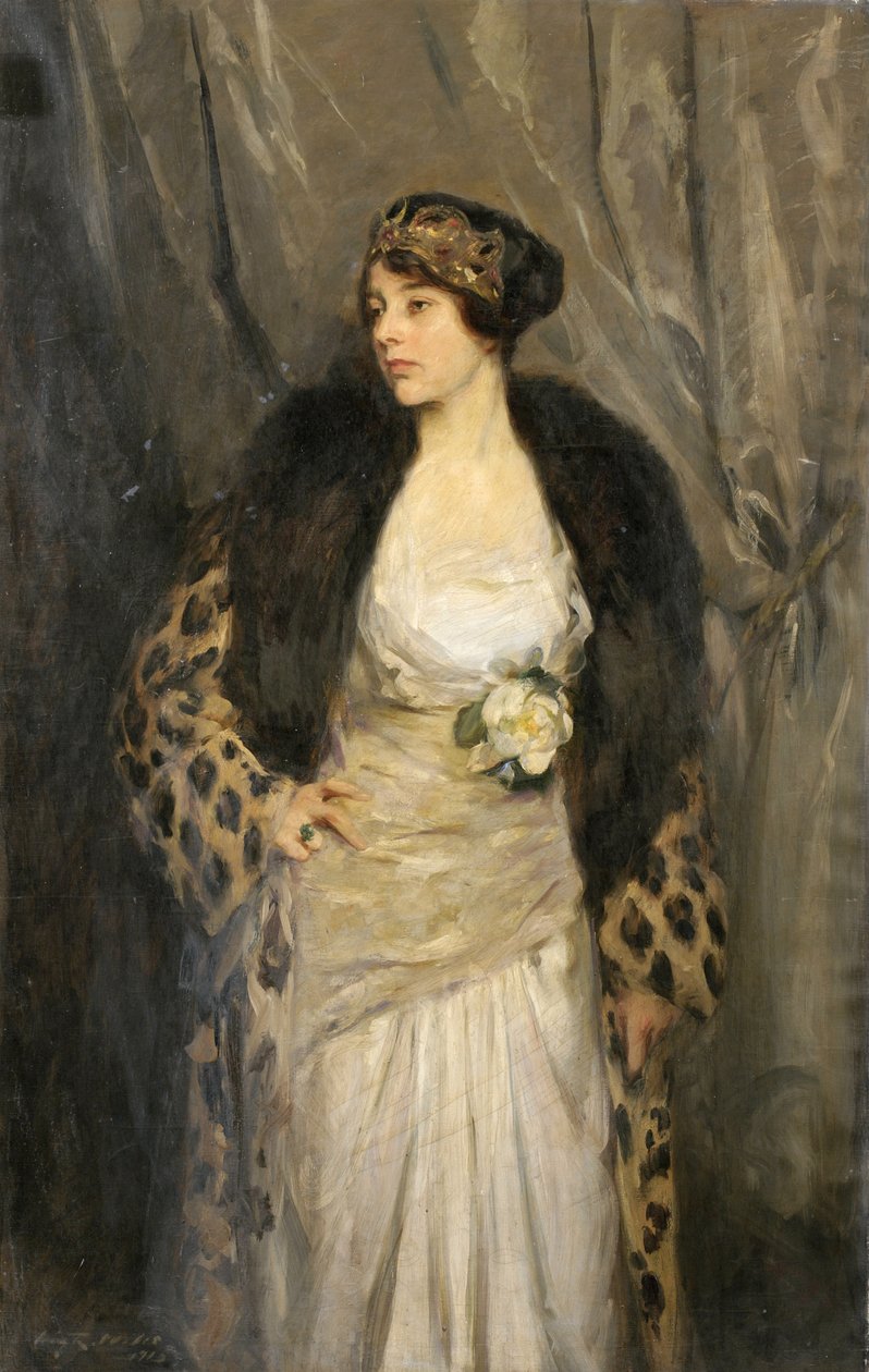 Gladys Wiles in een luipaardjas (De Luipaardjas) door Irving Ramsay Wiles