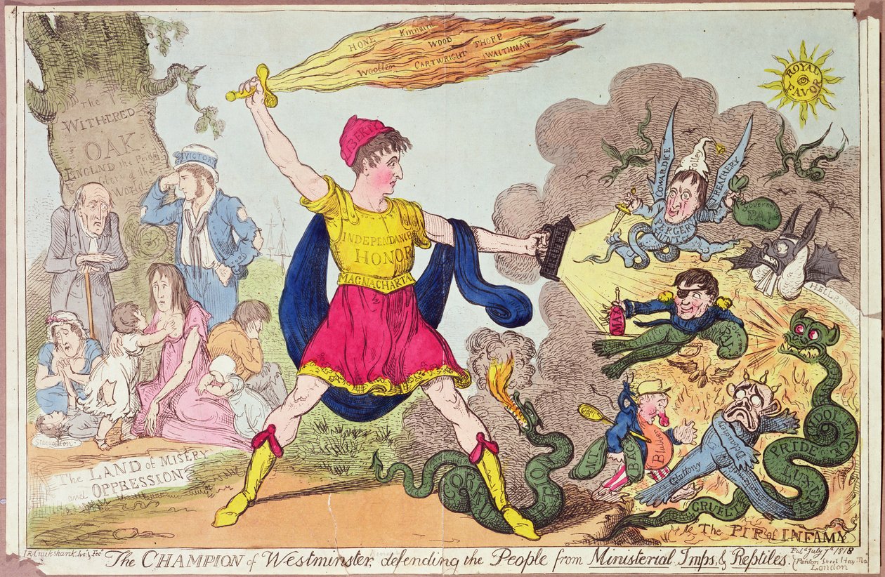 De kampioen van Westminster, die het volk verdedigt tegen ministeriële duivels en reptielen, 1818 door Isaac Robert Cruikshank