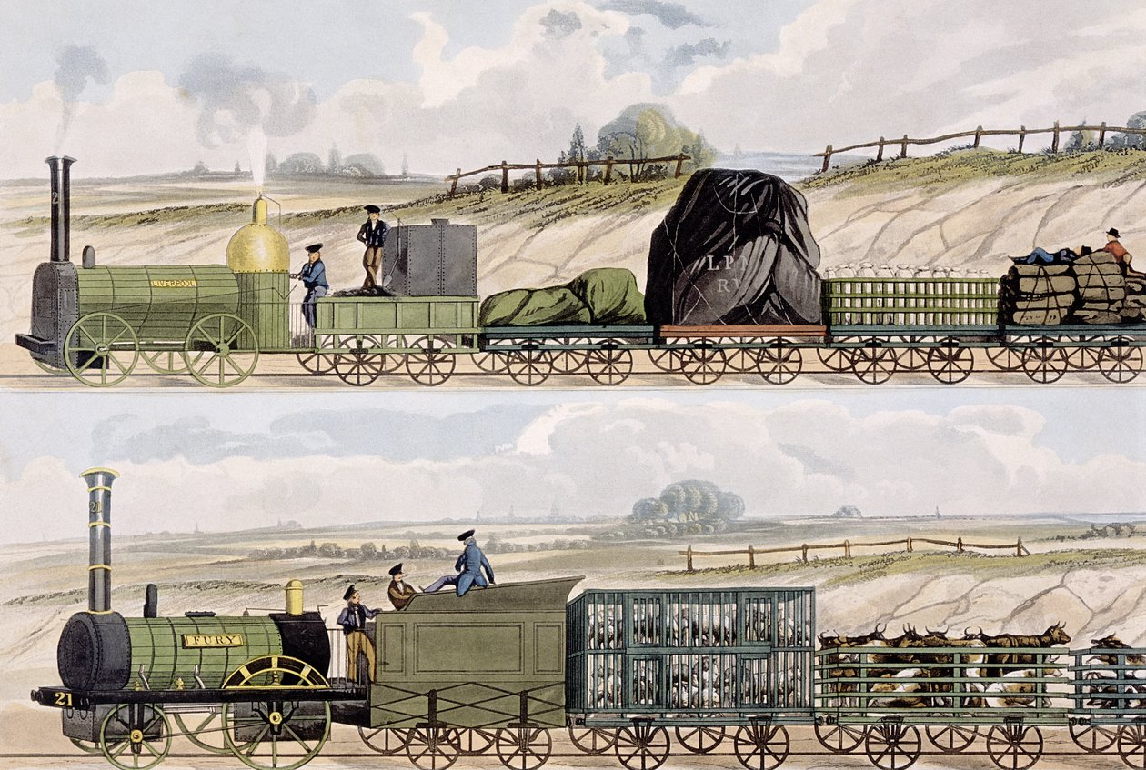 Een trein van wagons (boven) en een trein van vee, schapen en varkens (onder) uit 